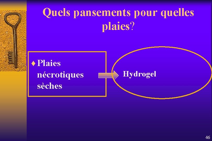 Quels pansements pour quelles plaies? ¨ Plaies nécrotiques sèches Hydrogel 46 