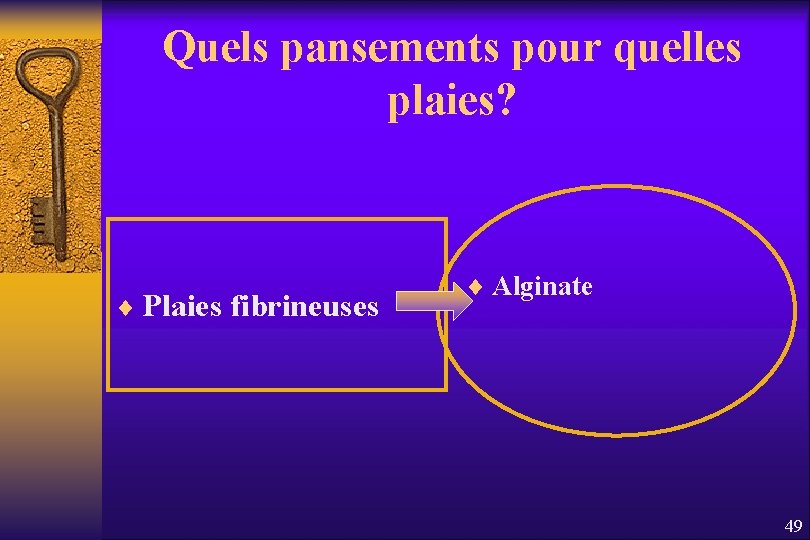 Quels pansements pour quelles plaies? ¨ Plaies fibrineuses ¨ Alginate 49 