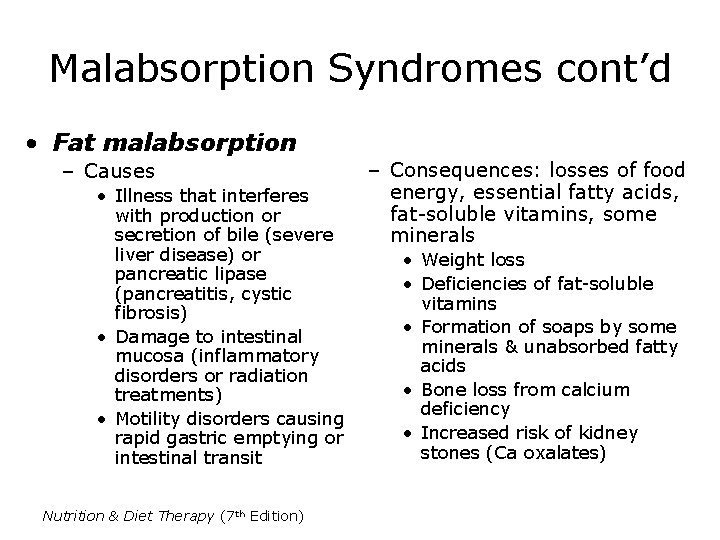 Malabsorption Syndromes cont’d • Fat malabsorption – Causes • Illness that interferes with production