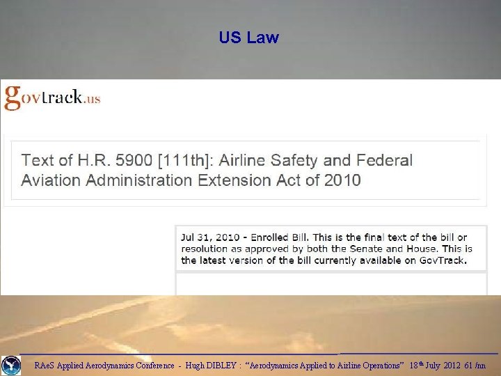 US Law RAe. S Applied Aerodynamics Conference - Hugh DIBLEY : “Aerodynamics Applied to