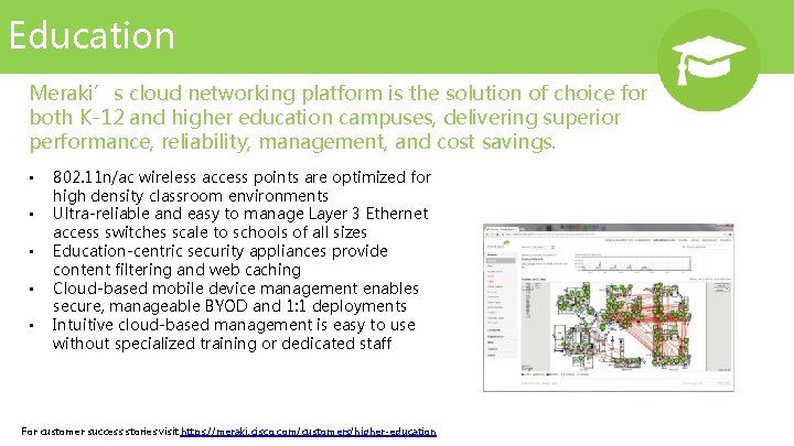 Education Meraki’s cloud networking platform is the solution of choice for both K-12 and Education Meraki’s cloud networking platform is the solution of choice for both K-12 and