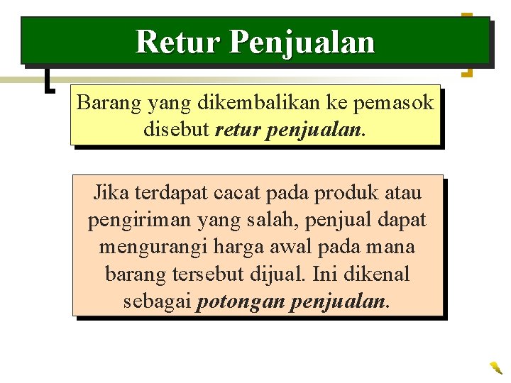 Retur Penjualan Barang yang dikembalikan ke pemasok disebut retur penjualan. Jika terdapat cacat pada