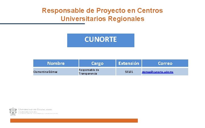 Responsable de Proyecto en Centros Universitarios Regionales CUNORTE Nombre Clementina Gómez Cargo Responsable de