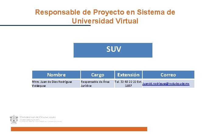 Responsable de Proyecto en Sistema de Universidad Virtual SUV Nombre Mtro. Juan de Dios
