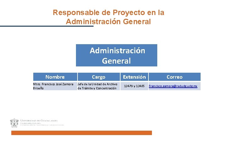 Responsable de Proyecto en la Administración General Nombre Mtro. Francisco José Zamora Briseño Cargo
