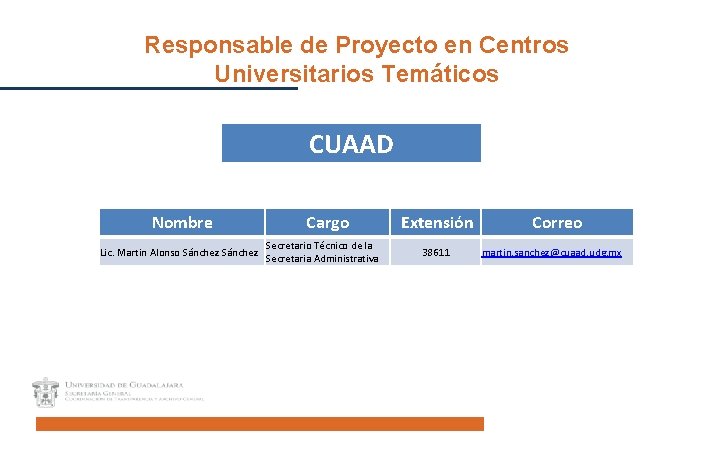 Responsable de Proyecto en Centros Universitarios Temáticos CUAAD Nombre Lic. Martin Alonso Sánchez Cargo