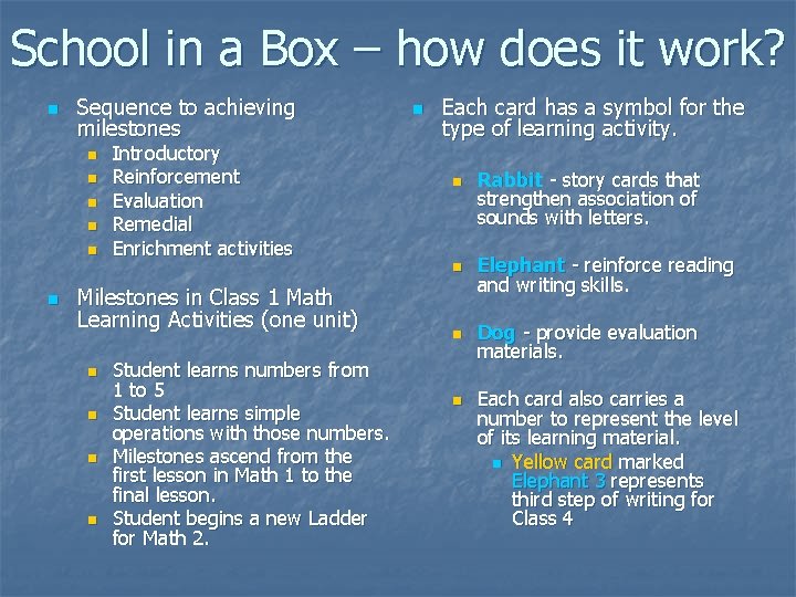 School in a Box – how does it work? n Sequence to achieving milestones