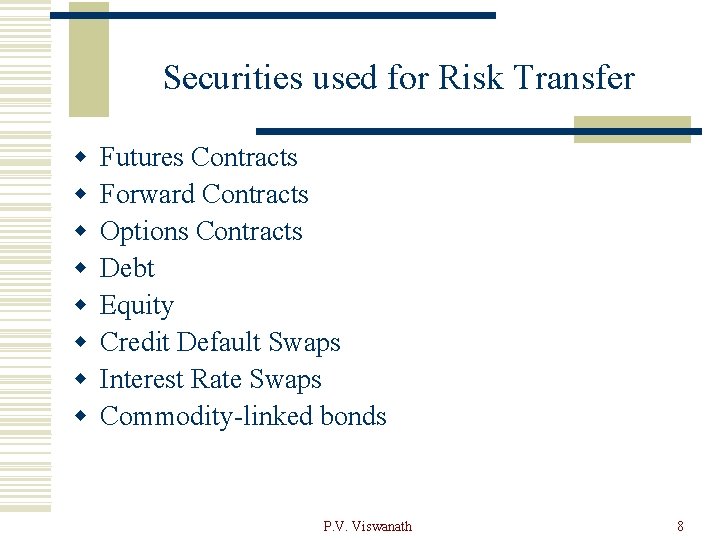 Securities used for Risk Transfer w w w w Futures Contracts Forward Contracts Options