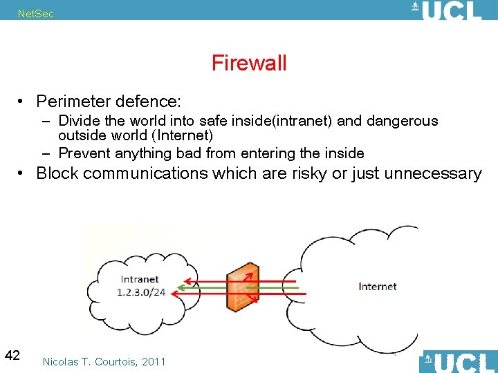 Net. Sec Firewall • Perimeter defence: – Divide the world into safe inside(intranet) and