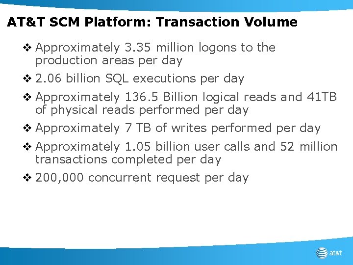 AT&T SCM Platform: Transaction Volume v Approximately 3. 35 million logons to the production