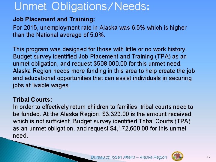 Unmet Obligations/Needs: Job Placement and Training: For 2015, unemployment rate in Alaska was 6.