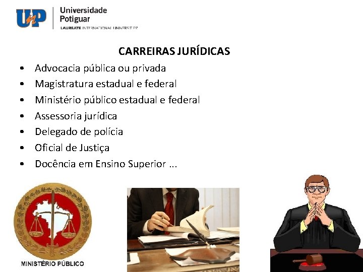 CARREIRAS JURÍDICAS • • Advocacia pública ou privada Magistratura estadual e federal Ministério público