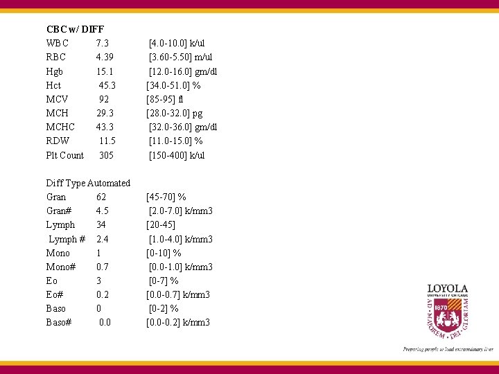 CBC w/ DIFF WBC 7. 3 RBC 4. 39 Hgb 15. 1 Hct 45.