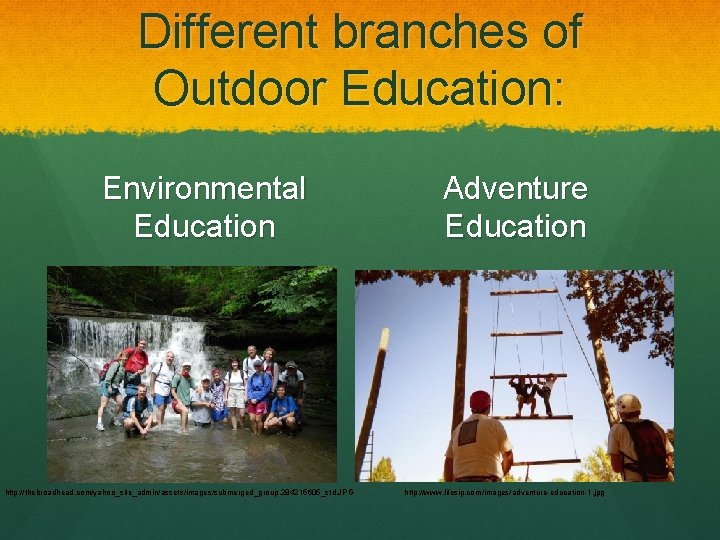 Different branches of Outdoor Education: Environmental Education http: //thebroadhead. com/yahoo_site_admin/assets/images/submerged_group. 284215605_std. JPG Adventure Education