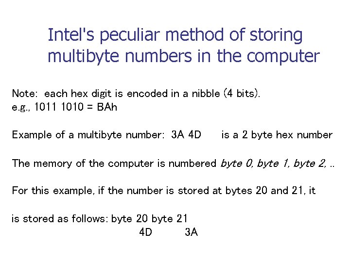 Intel's peculiar method of storing multibyte numbers in the computer Note: each hex digit Intel's peculiar method of storing multibyte numbers in the computer Note: each hex digit