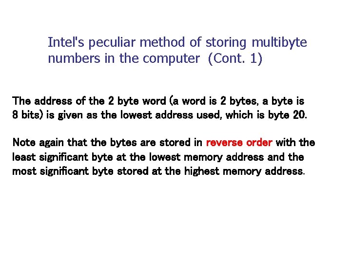 Intel's peculiar method of storing multibyte numbers in the computer (Cont. 1) The address Intel's peculiar method of storing multibyte numbers in the computer (Cont. 1) The address