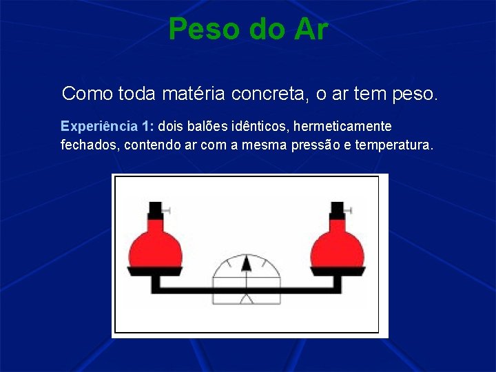 Peso do Ar Como toda matéria concreta, o ar tem peso. Experiência 1: dois