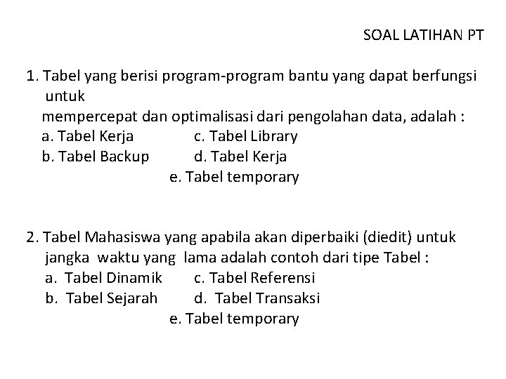 SOAL LATIHAN PT 1. Tabel yang berisi program-program bantu yang dapat berfungsi untuk mempercepat