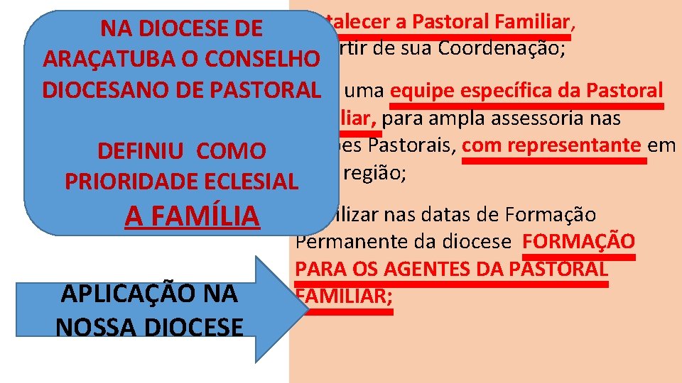 NA DIOCESE DE Fortalecer a Pastoral Familiar, a partir de sua Coordenação; ARAÇATUBA O