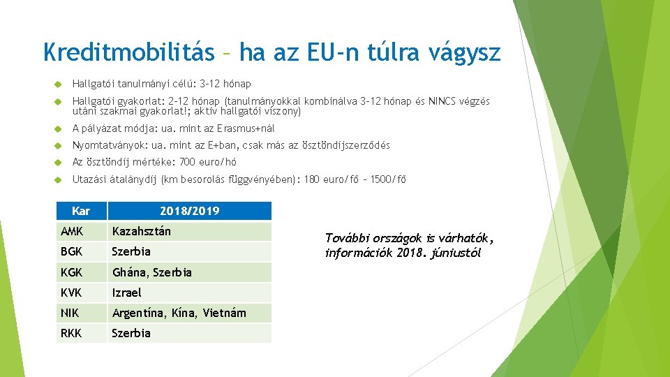 Kreditmobilitás – ha az EU-n túlra vágysz Hallgatói tanulmányi célú: 3 -12 hónap Hallgatói