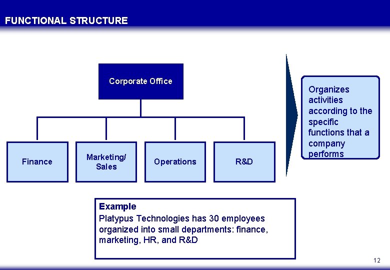 FUNCTIONAL STRUCTURE Corporate Office Finance Marketing/ Sales Operations R&D Organizes activities according to the