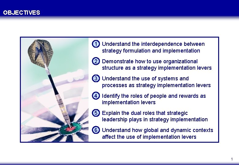 OBJECTIVES 1 Understand the interdependence between strategy formulation and implementation 2 Demonstrate how to