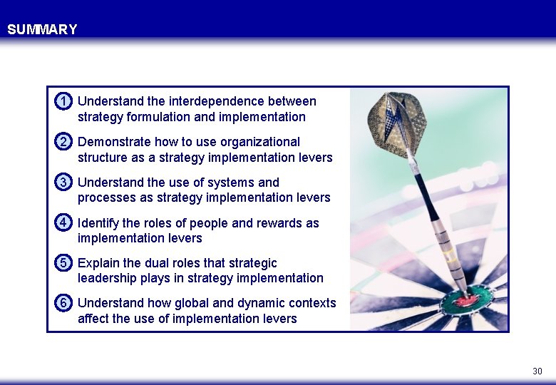 SUMMARY 1 Understand the interdependence between strategy formulation and implementation 2 Demonstrate how to