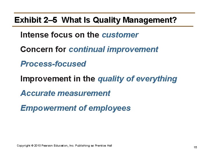 Exhibit 2– 5 What Is Quality Management? Intense focus on the customer Concern for