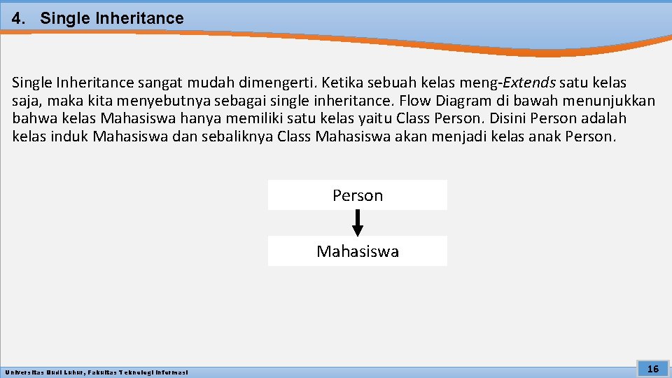 4. Single Inheritance sangat mudah dimengerti. Ketika sebuah kelas meng-Extends satu kelas saja, maka