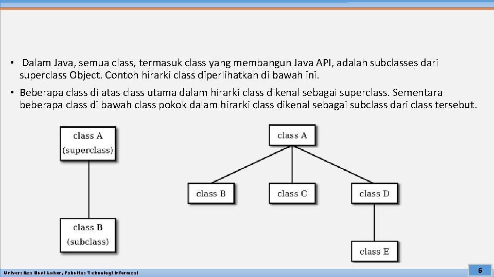  • Dalam Java, semua class, termasuk class yang membangun Java API, adalah subclasses