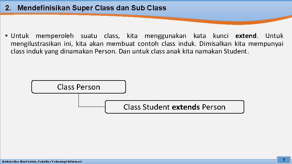 2. Mendefinisikan Super Class dan Sub Class • Untuk memperoleh suatu class, kita menggunakan