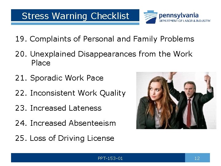 Stress Warning Checklist 19. Complaints of Personal and Family Problems 20. Unexplained Disappearances from