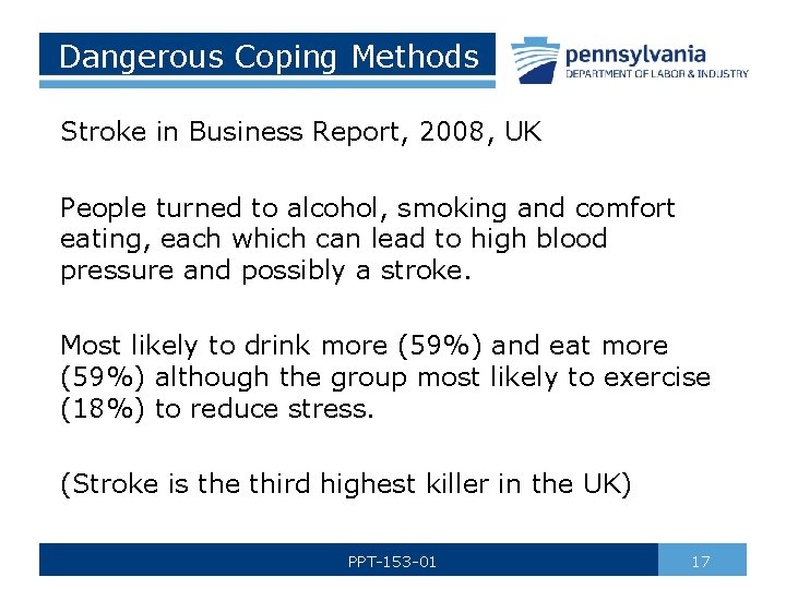 Dangerous Coping Methods Stroke in Business Report, 2008, UK People turned to alcohol, smoking