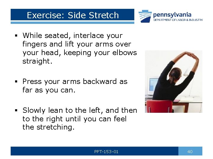 Exercise: Side Stretch § While seated, interlace your fingers and lift your arms over
