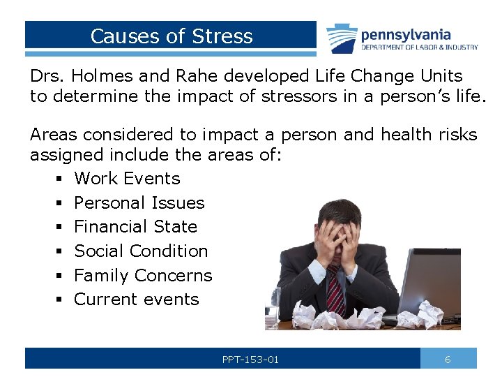 Causes of Stress Drs. Holmes and Rahe developed Life Change Units to determine the