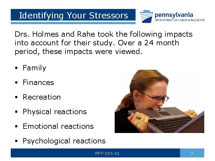 Identifying Your Stressors Drs. Holmes and Rahe took the following impacts into account for