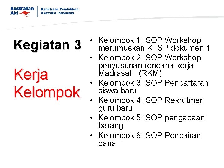 Kegiatan 3 Kerja Kelompok • Kelompok 1: SOP Workshop merumuskan KTSP dokumen 1 •