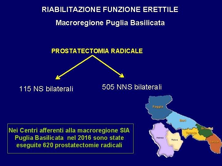 RIABILITAZIONE FUNZIONE ERETTILE Macroregione Puglia Basilicata PROSTATECTOMIA RADICALE 115 NS bilaterali 505 NNS bilaterali
