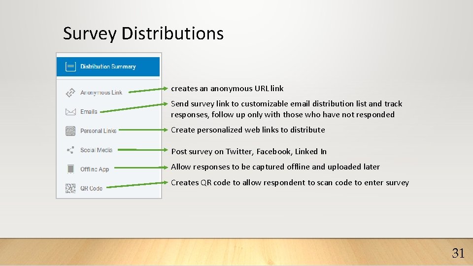 Survey Distributions creates an anonymous URL link Send survey link to customizable email distribution