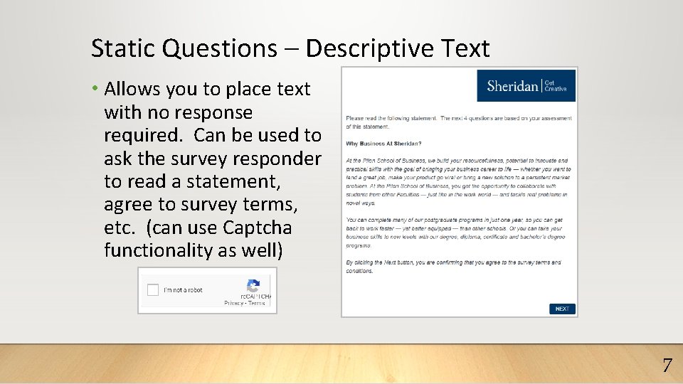 Static Questions – Descriptive Text • Allows you to place text with no response