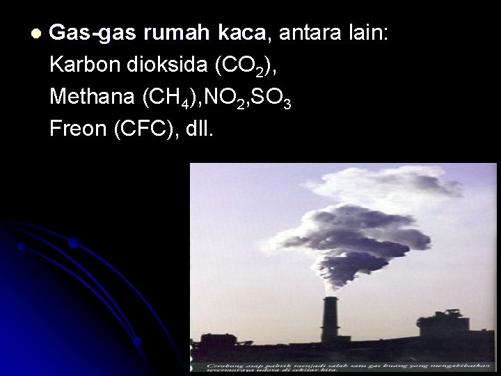l Gas-gas rumah kaca, antara lain: kaca Karbon dioksida (CO 2), Methana (CH 4),