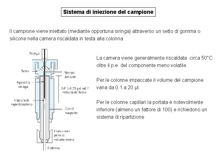 Sistema di iniezione del campione Il campione viene iniettato (mediante opportuna siringa) attraverso un