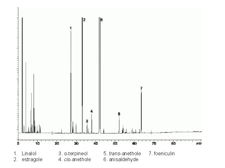 1. Linalol 2. estragole 3. α-terpineol 4. cis-anethole 5. trans-anethole 6. anisaldehyde 7. foeniculin