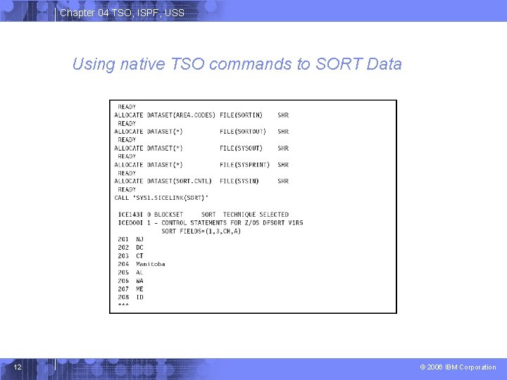 Chapter 04 TSO, ISPF, USS Using native TSO commands to SORT Data 12 ©