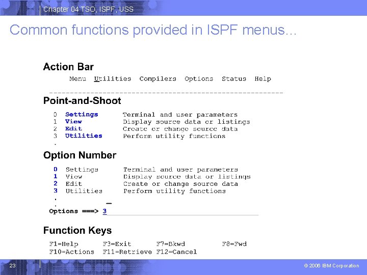 Chapter 04 TSO, ISPF, USS Common functions provided in ISPF menus… 23 © 2006