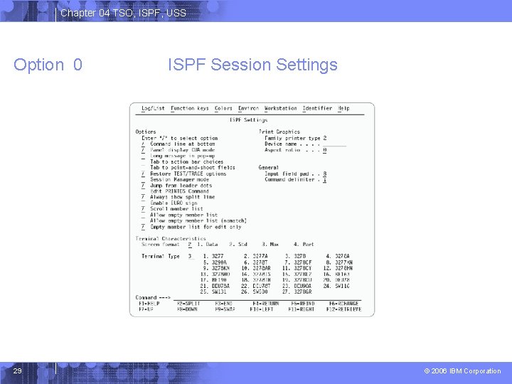 Chapter 04 TSO, ISPF, USS Option 0 29 ISPF Session Settings © 2006 IBM