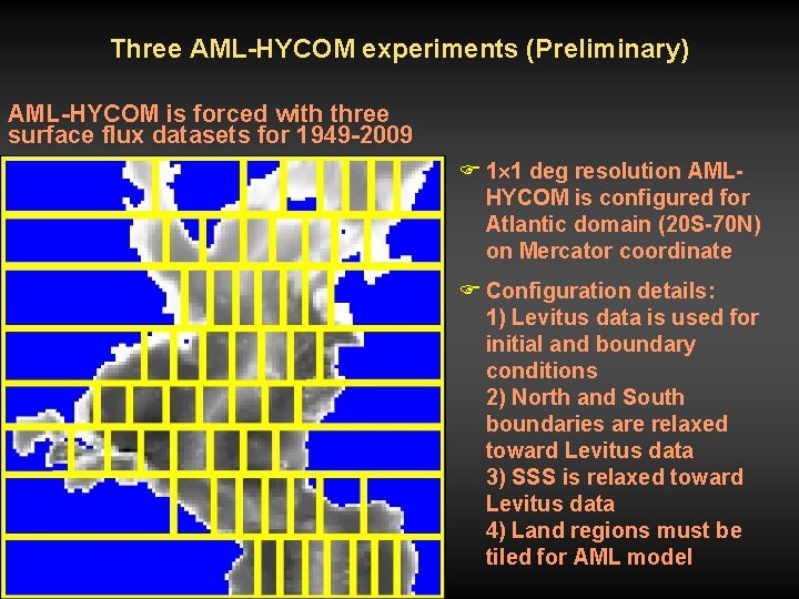 Three AML-HYCOM experiments (Preliminary) AML-HYCOM is forced with three surface flux datasets for 1949