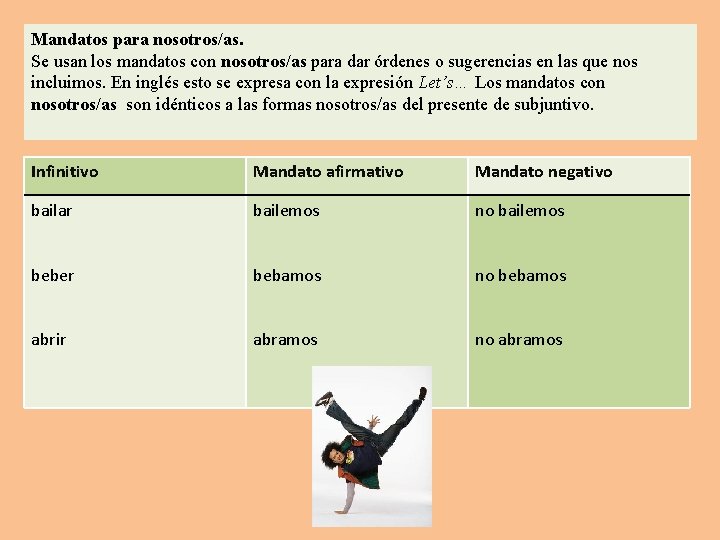 Mandatos para nosotros/as. Se usan los mandatos con nosotros/as para dar órdenes o sugerencias