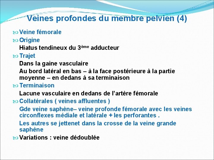 Veines profondes du membre pelvien (4) Veine fémorale Origine Hiatus tendineux du 3ème adducteur