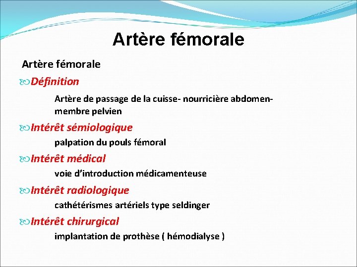 Artère fémorale Définition Artère de passage de la cuisse- nourricière abdomenmembre pelvien Intérêt sémiologique